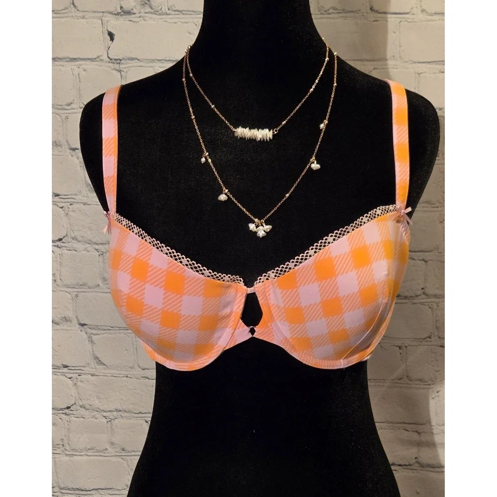 NWT Savage X Fenty 36DD Pink Orange Gingham Low Cut Balconette Bra Light Padding